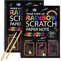 Rainbow Scratch Art Paper for Kids, 2 Pack Scratch Paper Notebooks Set w/ 6 Stencils 2 Wooden Styluses for Drawing Doodling Painting - DIY Arts and Crafts Easter Christmas Birthday Gift for Kids Adult