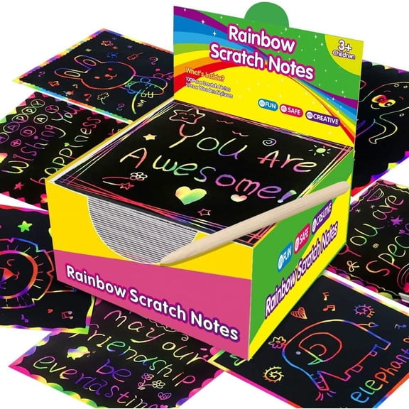 Rainbow Scratch Paper, 100 Sheets 3.35 x 3.35 In, Suitable for Message DIY Party Classroom Home Office, 1 Box