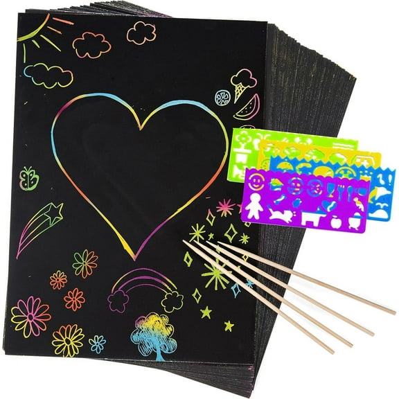 Rainbow Scratch Paper Art,Happon 50 Pcs Painting Boards Arts and Crafts,Rainbow Scratch Notes for Children Girls Boys DIY Party Favor Game Activity Birthday Christmas Toy Gift Set