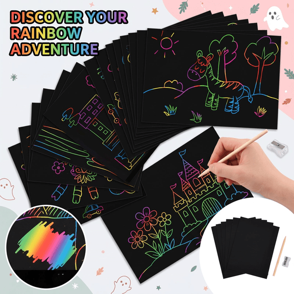 Rainbow Scratch Paper Art Set,50 Pcs Scratch Paper Arts and Crafts Kit with Wooden Stylus and Stencils,Magic Scratch Off Paper Activity for Creative Drawing,Party Games and Holiday Gifts (50PCS)
