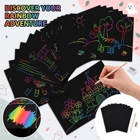 Rainbow Scratch Paper Art Set, Magic Black Scratch Off Drawing Sheets with sticks, DIY Rainbow Sketch Craft Kit for Birthday Party, Classroom Art Supplies