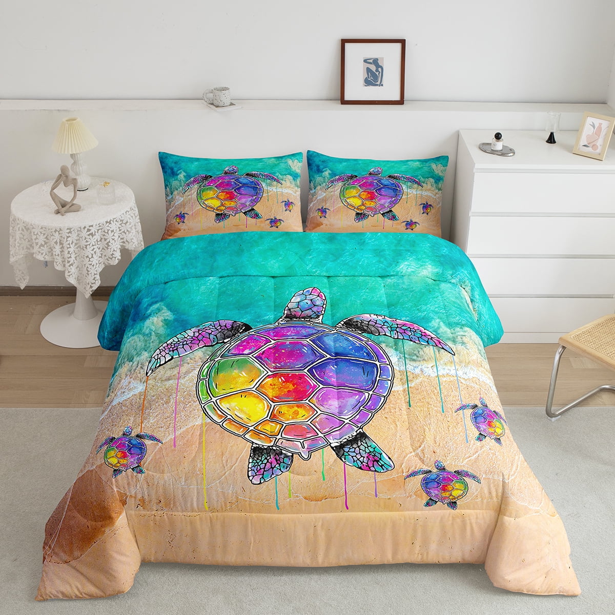 Rainbow Sea Turtle Bedding Set for Boys,Blue Hawaii Beach Decor