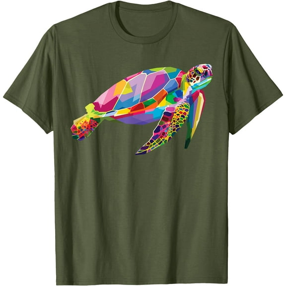Rainbow Sea Turtle Vibrant Underwater Life Colorful Turtle Unisex T-Shirt for Men Women Kids Toddler,Military Green Color,Size M