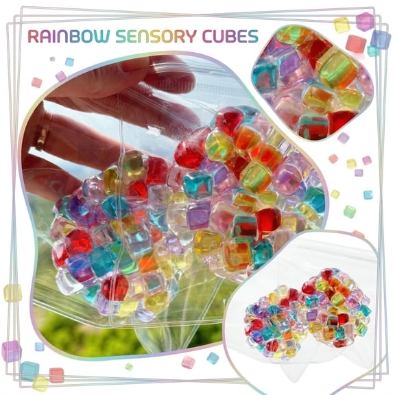 Rainbow Sensory Cube Stress Relief Squeezer - 2.36 Inch TPR Anxiety Relief Ball, Portable Fidget Accessory for Adults