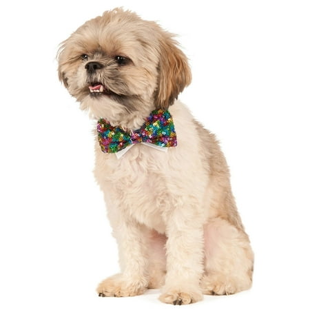 Formal Clown Rainbow Sequin Bow Tie Pet Collar Dog Costume Accessory Med-Large