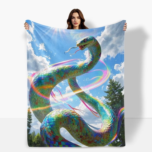 Rainbow Serpent Blue Sky White Clouds Colorful Light Flannel Blanket Soft Warm Comfortable For Sofa Bed Travel Camping Living Room Office Chair Polyester Fiber Gift For Family Or Friends