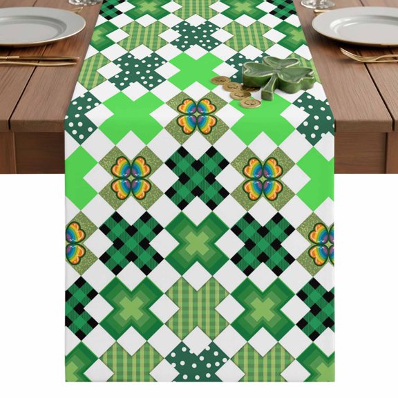 Rainbow Shamrock Check Polka Dot Table Runner-36 Inch Long St. Patrick's Day Green Theme Table Runners Linen Burlap Tablerunner for Kitchen Dining Room Holiday Party