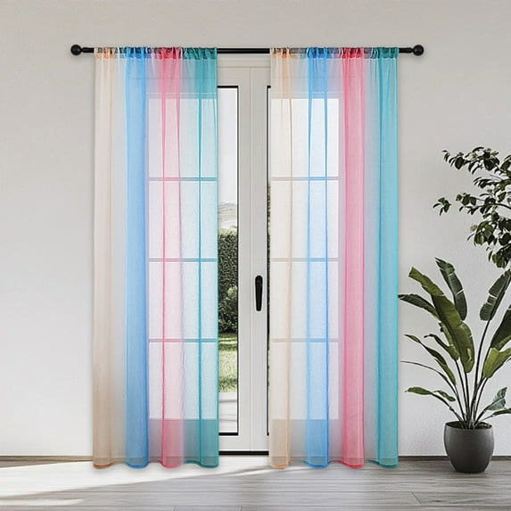 Rainbow Sheer Curtains 55x63 Inches | Colorful Rod Pocket Drapes | Semi-Sheer Polyester Voile for Bedroom, Living Room & Patio | Light Filtering Window Treatment