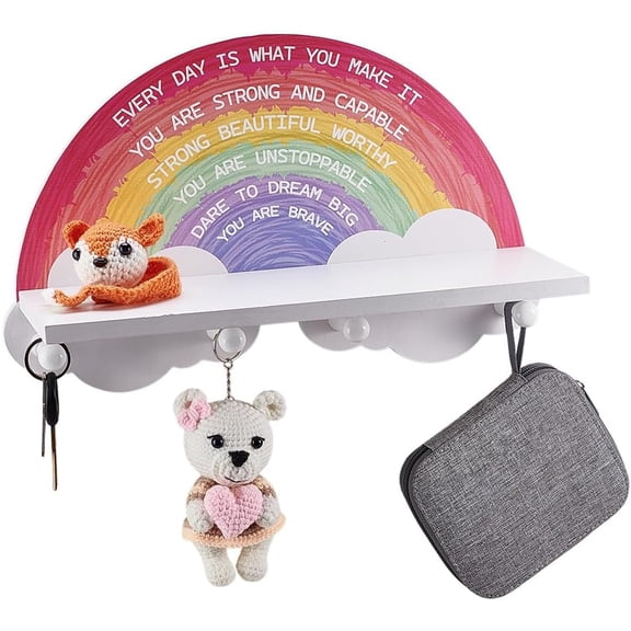 Rainbow Shelf Decor for Bedroom Wooden Rack with 4 Pegs Hooks Floating Stand Wall Mounted Coat Rack Decor for Clothes Hats