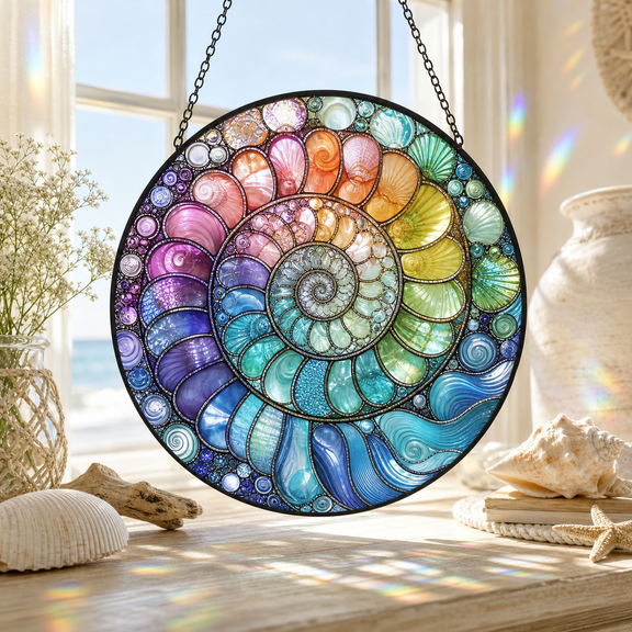 Rainbow Shell Suncatcher Stained Glass Window Hanging Spiral Sun Catcher Decor