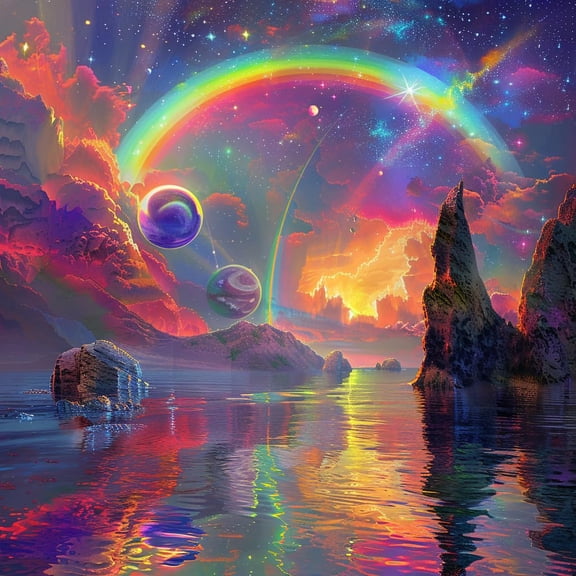 Rainbow Shining Sky River Scenery 5D Diamond Art Painting by Number Kits for Adults DIY Paint with Full Drill Round Diamond Gems Painting Art Craft for Home Wall Decor 13.8x13.8inch