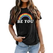 Rainbow Shirt Women Pride Shirt Rainbow Graphic Tees Shirts Letter Print Casual Short Sleeve Tops