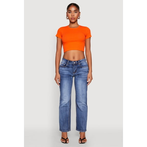 Womens Basic Ribbed Knit Cropped Tee