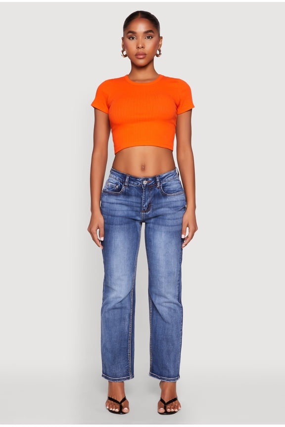 Womens Basic Ribbed Knit Cropped Tee