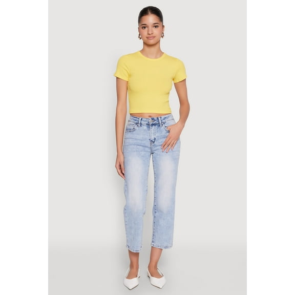 Womens Basic Ribbed Knit Cropped Tee