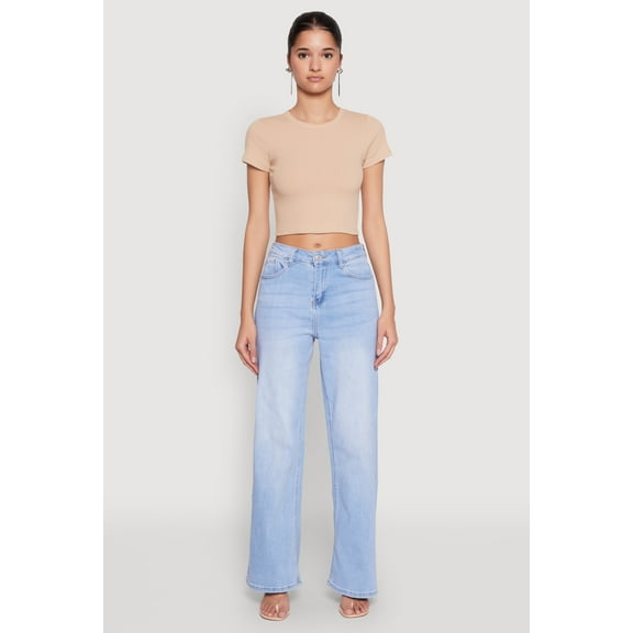 Womens Basic Ribbed Knit Cropped Tee