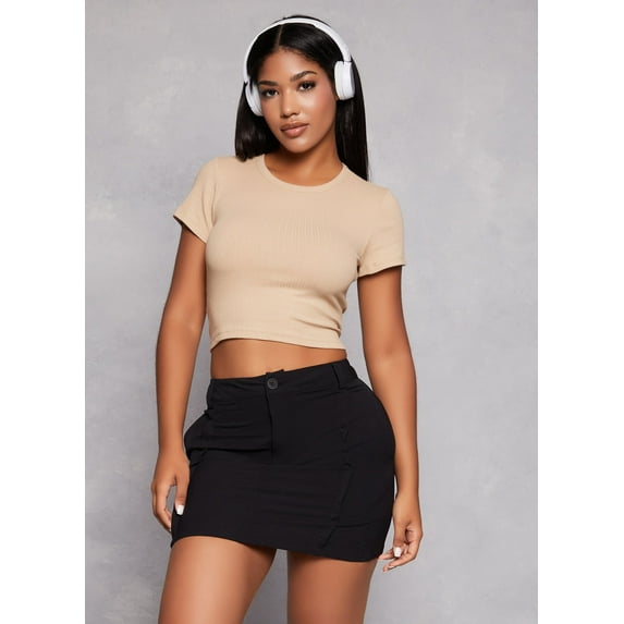 Womens Basic Ribbed Knit Cropped Tee