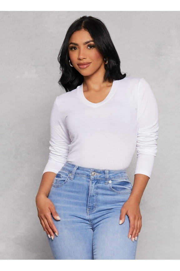 Womens Basic V Neck Long Sleeve Tee
