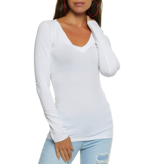 Rainbow Shops Female Adult Basic V Neck Long Sleeve Top Ambiance, Long Sleeves, V-Neck, T-Shirt, Solid