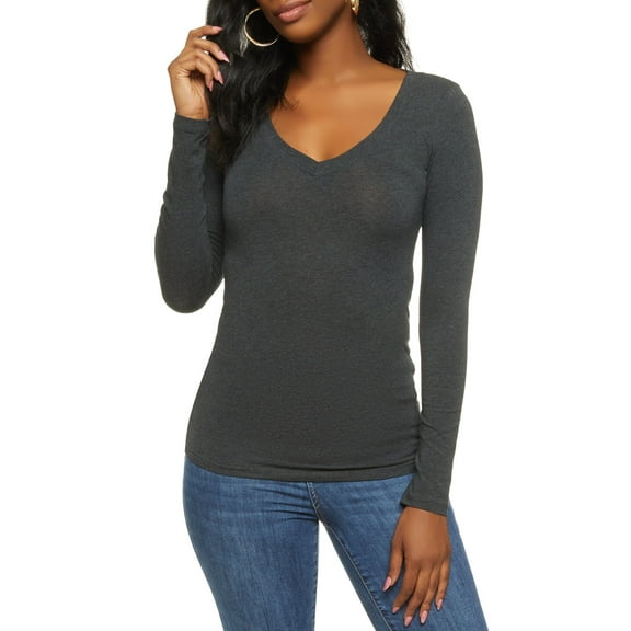 Rainbow Shops Female Adult Basic V Neck Long Sleeve Top Ambiance, Long Sleeves, V-Neck, T-Shirt, Solid