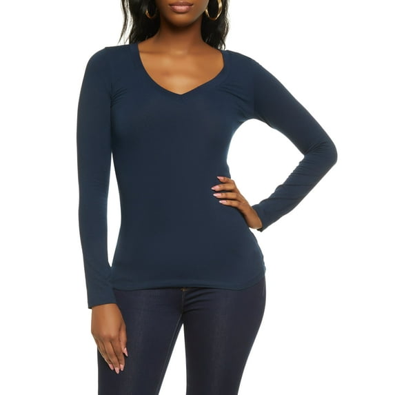 Womens Basic Long Sleeve V Neck Tee