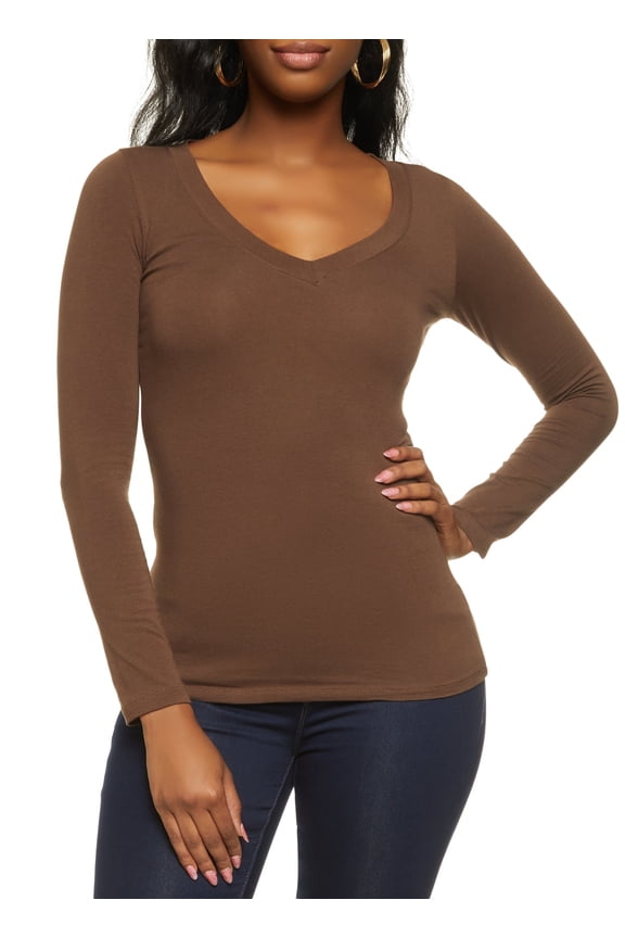 Shops Female Adult Basic Long Sleeve V Neck Tee Ambiance, Long Sleeves, V-Neck, T-Shirt, Solid