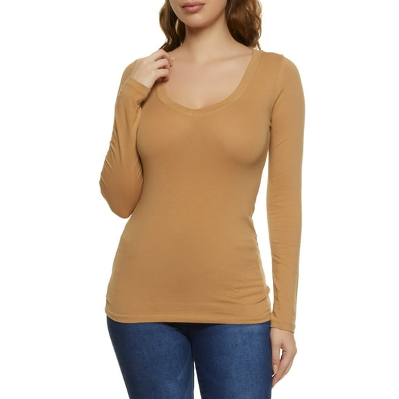 Rainbow Shops Female Adult Basic V Neck Long Sleeve Top Ambiance, Long Sleeves, V-Neck, T-Shirt, Solid