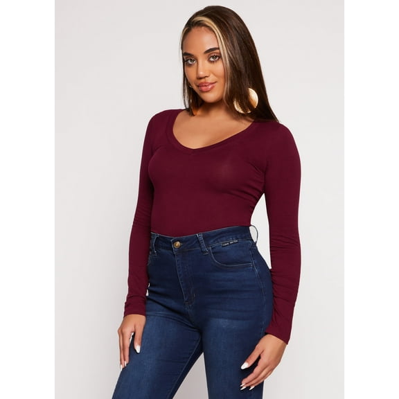 Rainbow Shops Female Adult Basic V Neck Long Sleeve Top Ambiance, Long Sleeves, V-Neck, T-Shirt, Solid