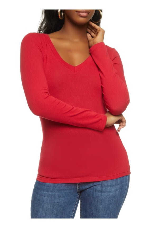Shops Female Adult Basic V Neck Long Sleeve Top Ambiance, Long Sleeves, V-Neck, T-Shirt, Solid