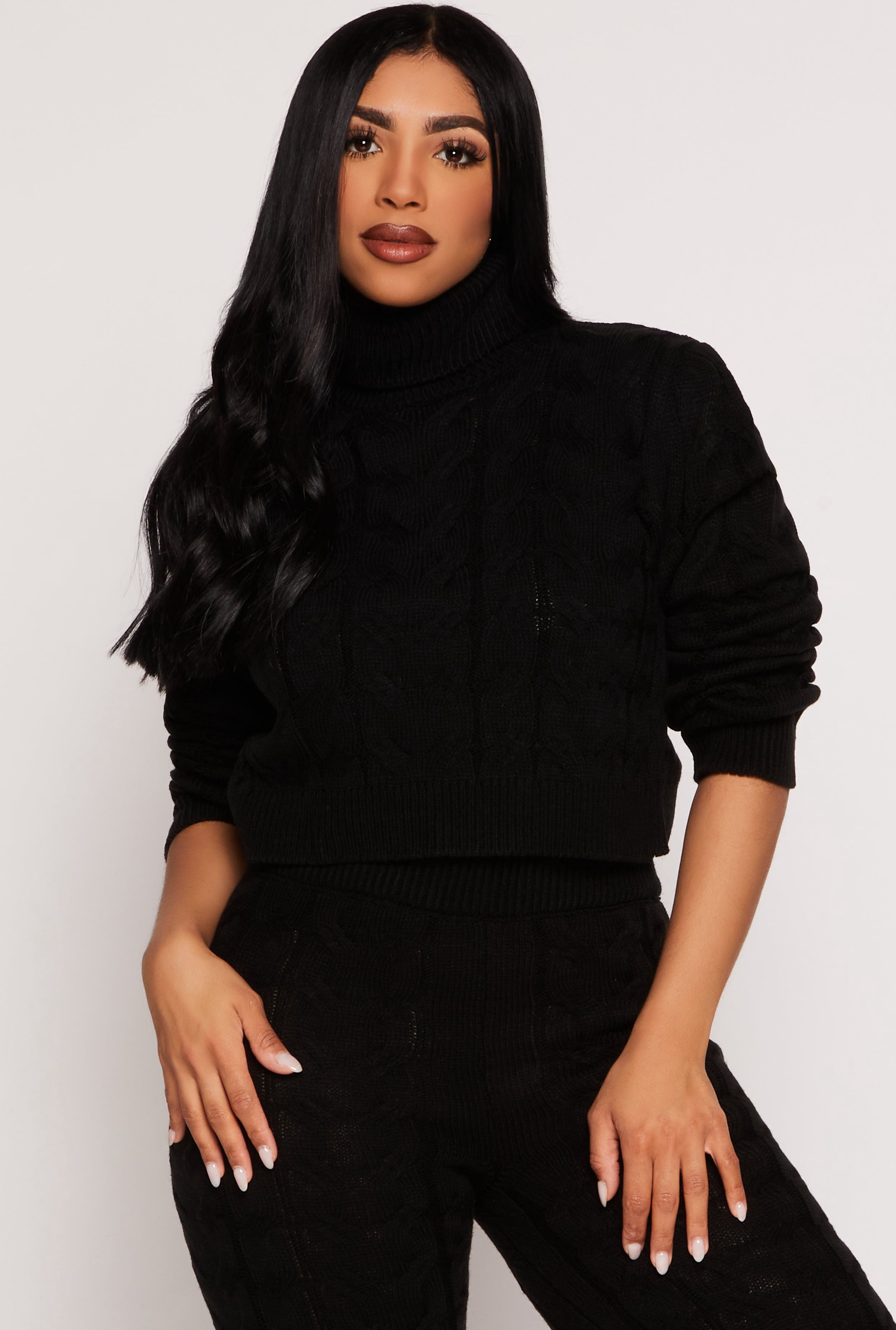 Womens Cable Knit Turtleneck Cropped Sweater - Walmart.com
