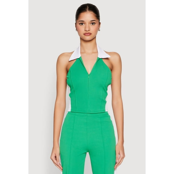 Womens Color Blocked Collared Halter Crop Top
