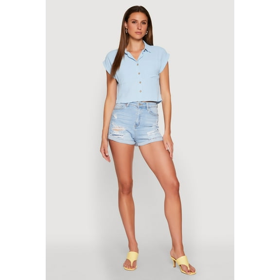 Womens Crepe Knit Cropped Shirt