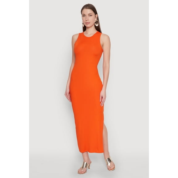 Womens Crew Neck Rib Knit Side Slit Maxi Dress