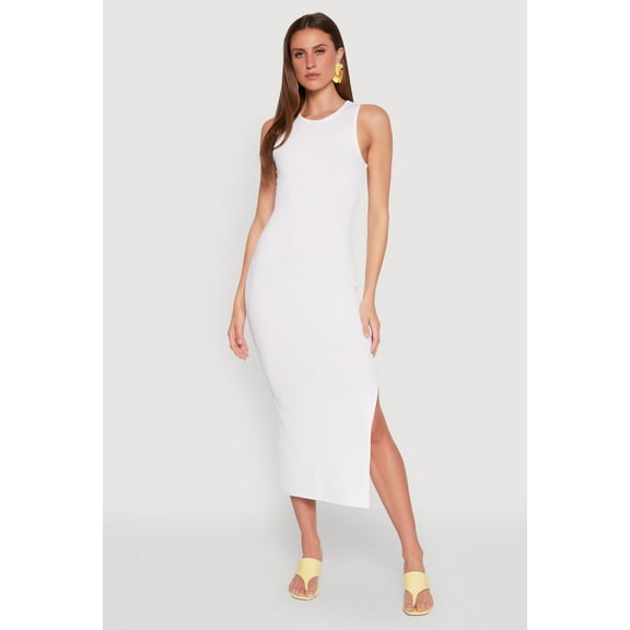 Womens Crew Neck Rib Knit Side Slit Maxi Dress