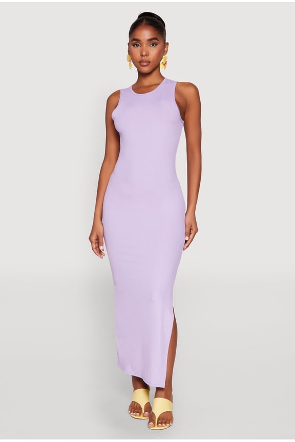 Womens Crew Neck Rib Knit Side Slit Maxi Dress