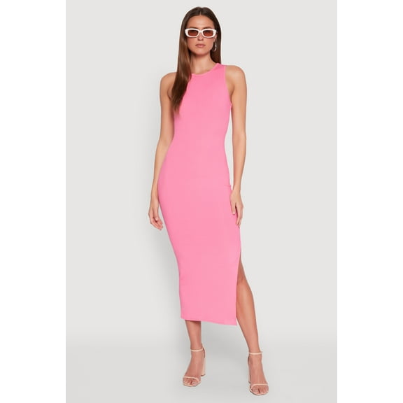 Womens Crew Neck Rib Knit Side Slit Maxi Dress