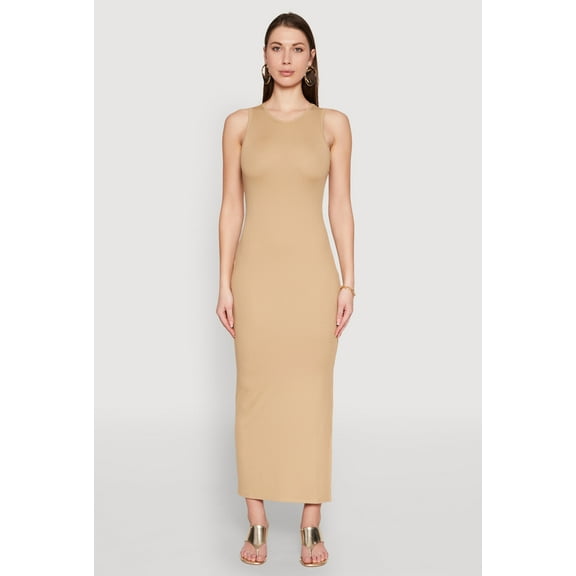 Womens Crew Neck Rib Knit Side Slit Maxi Dress