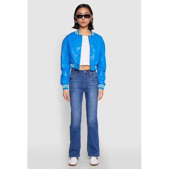 Womens Daisy Faux Leather Cropped Bomber Jacket