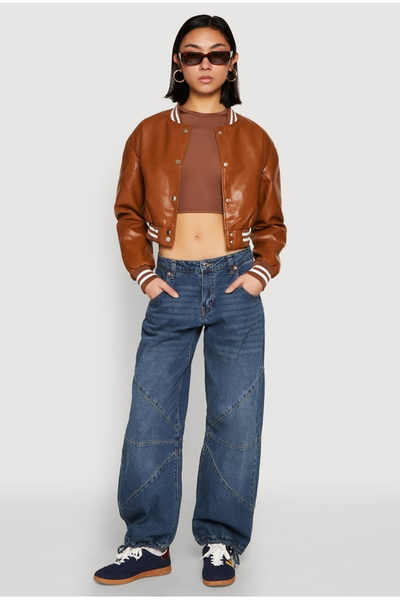 Womens Daisy Faux Leather Cropped Bomber Jacket