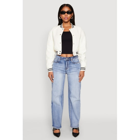 Womens Daisy Faux Leather Cropped Bomber Jacket