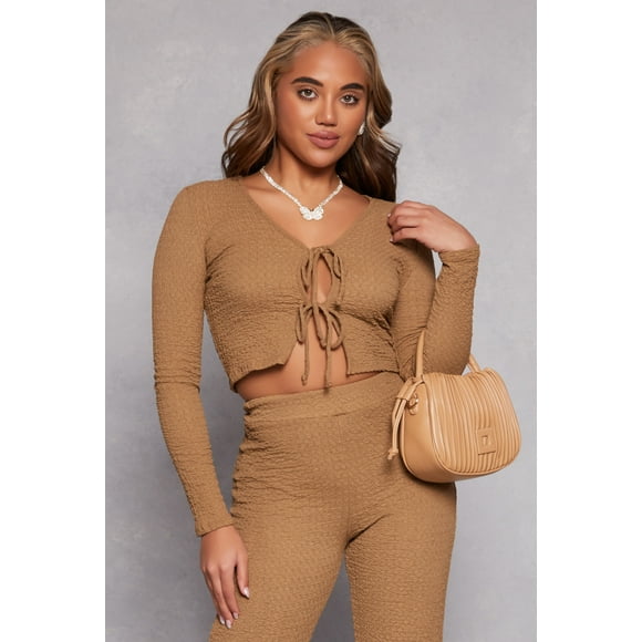 Rainbow Female Adult Double Tie Front Crop Top Long Sleeves, V-Neck, Cropped Hem, Tie Front, Solid, Textured Knit