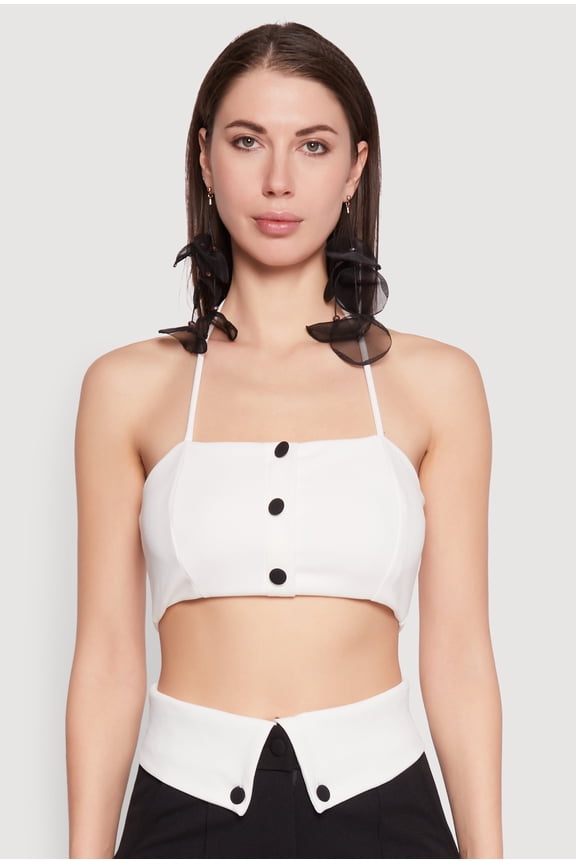 Womens Faux Button Front Cropped Halter Top