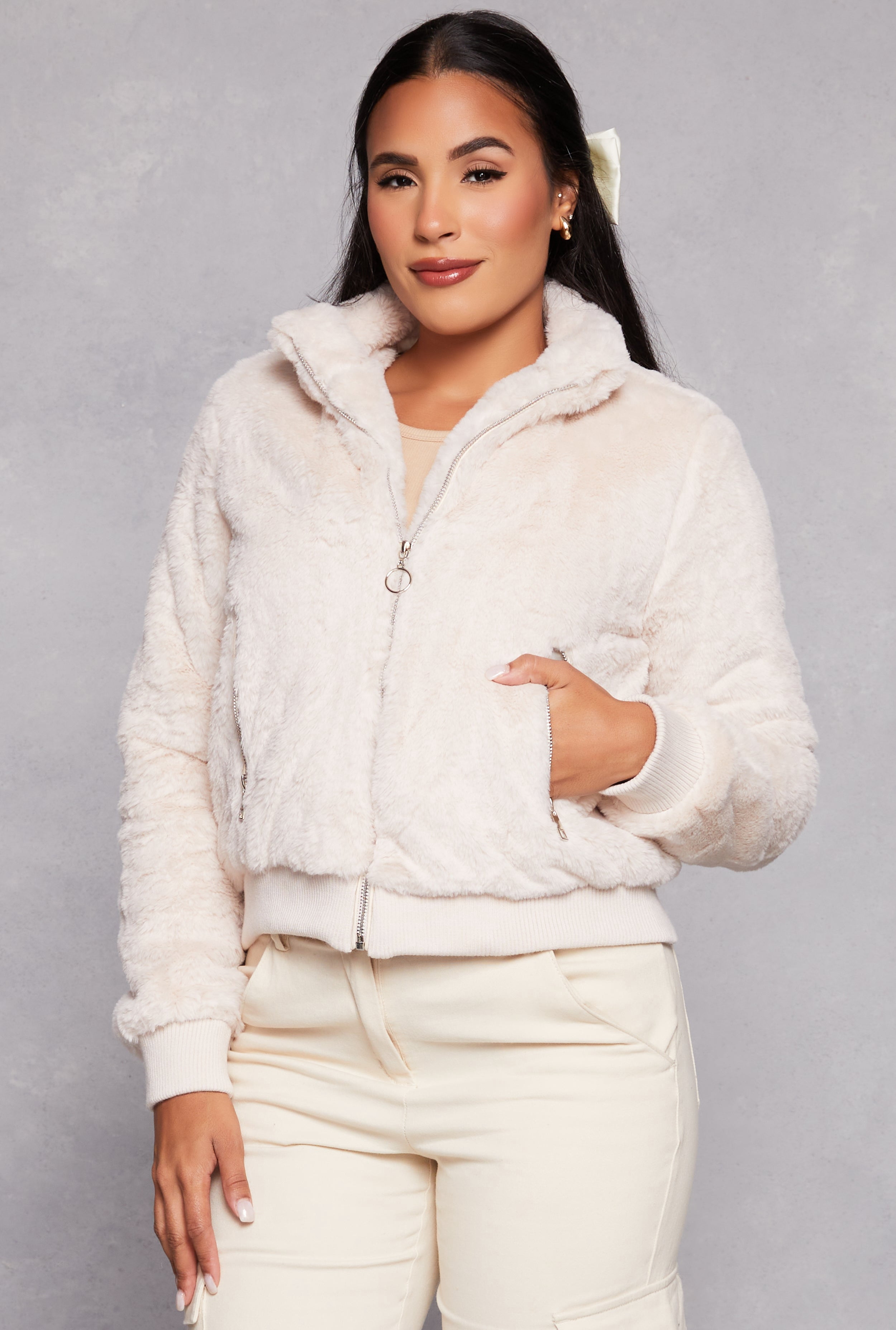 Women's Fur Coat Women  Plush Burgundy Bomber Jacket main image 0