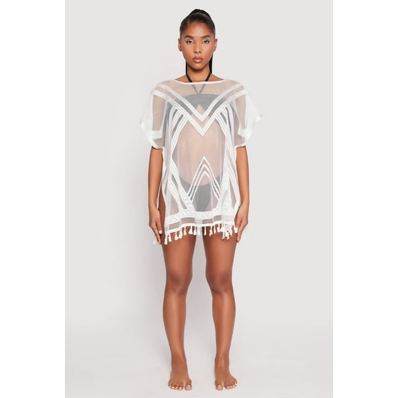 Womens Fishnet Tassel Fringe Swim Cover Up