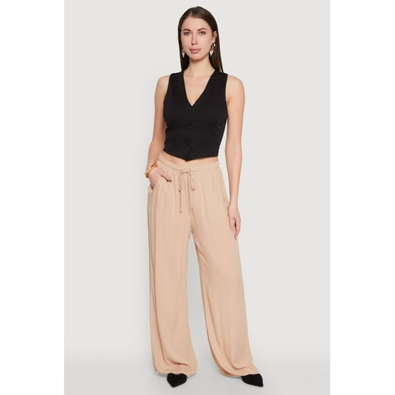 Womens Gauze Knit High Waisted Wide Leg Pants