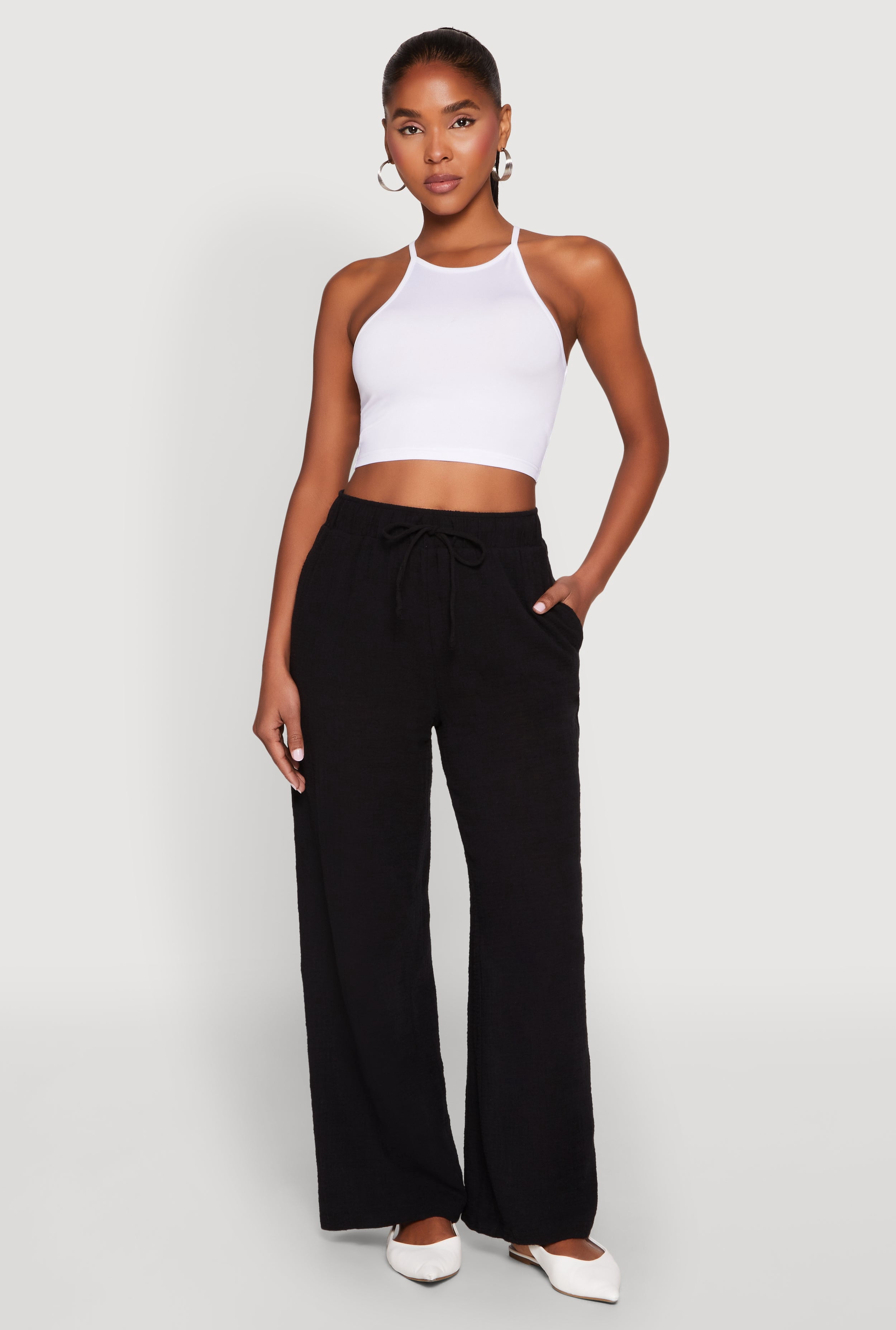 VERY J Wide Leg Gauze Solid Pants