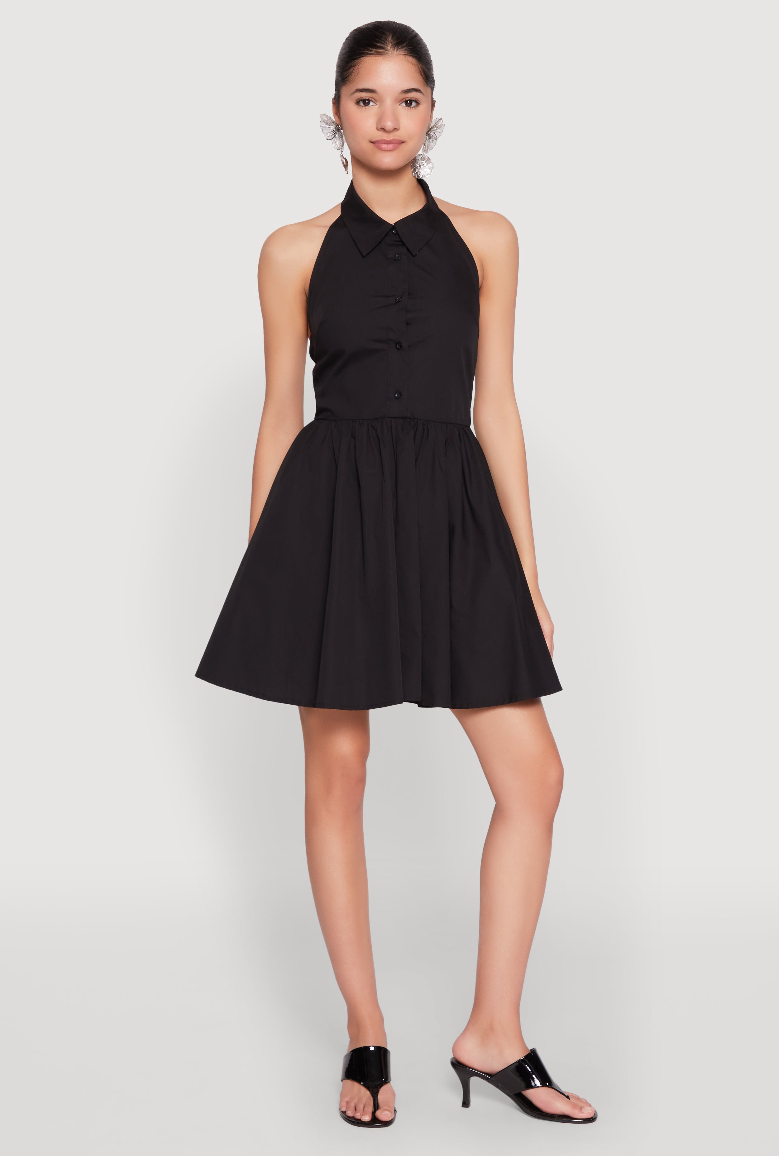 Womens Halter Button Front Skater Dress