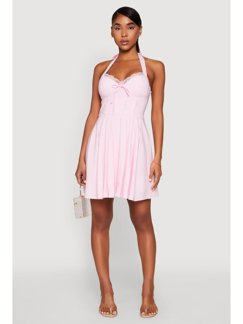 Womens Iris Lace Trim Halter Mini Dress