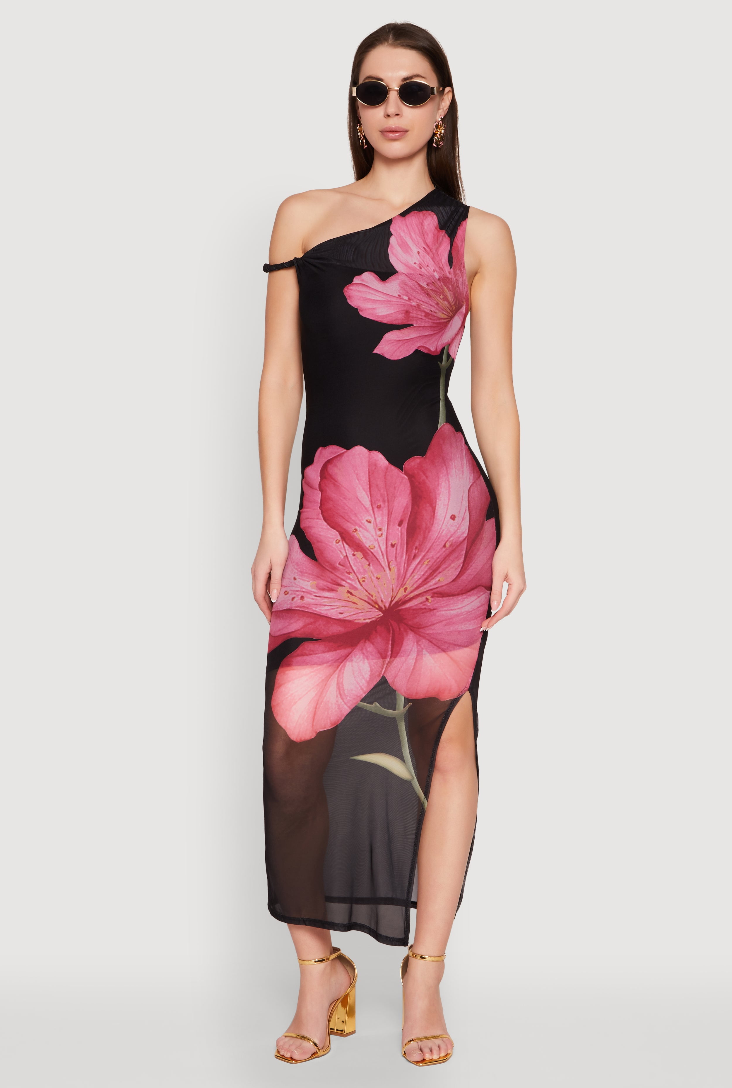 Floral Print Shirred One Shoulder Maxi Dress