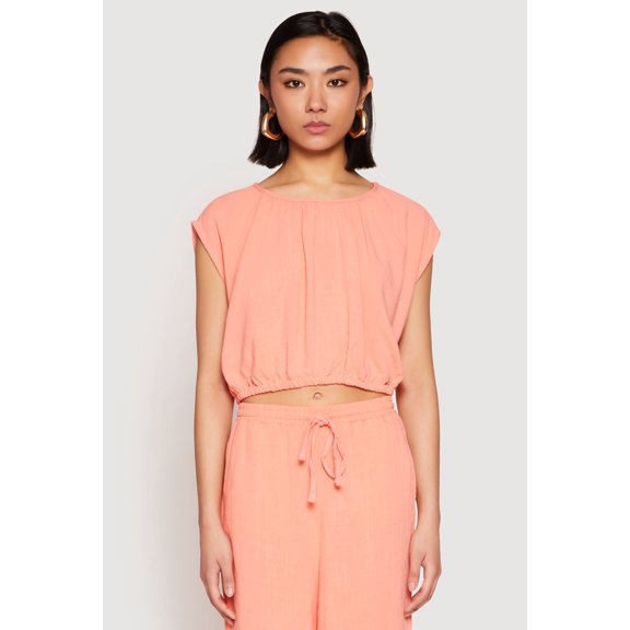 Womens Linen Ruched Elastic Hem Crop Top